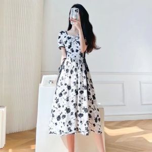 SHUFU 5100 🍀 Chiffon Dresses Womens Korean Style Plus Size Short Sleeve V Neck Floral Maxi Vintage Dress