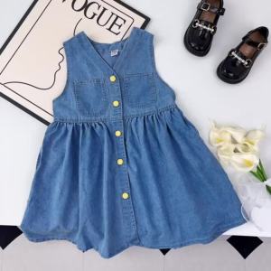 Summer Kids Fashion New Solid Color Sleeveless Single Breasted A-Line Dress 1 Pc 2-6 Years Girls Simple Casual Clothes