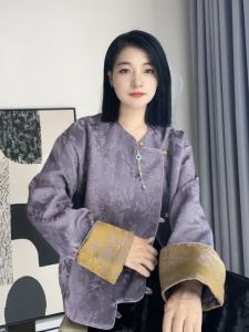 New Chinese Style Cotton Jacket Womens Purple Button Tang Suit Top Winter High-End Feelings Traditional National Fashion
