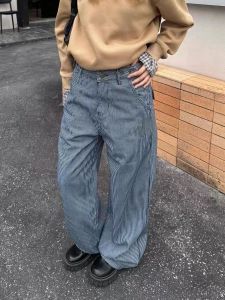 American Original Embroidered Retro Casual Vertical Striped Jeans Mens Straight Loose Lazy Long Pants Slimming Effect