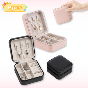 2pcs Small Travel Jewelry Box Organizer Display Storage Case for Rings Earrings Necklace Pink&Black