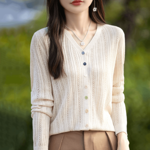 Elegant Hollow out Long Sleeve Knitted Sweater Autumn New Style Loose Fashion Heavy Work Thin Cardigan Stylish Outerwear for Women