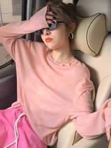 Áo Thun Dệt Kim Chống Nắng Tay Dài Rộng Rãi Cổ Tròn Màu Hồng Mùa Thu Mới Cho Nữ Áo Thun Dài Tay Thường Ngày