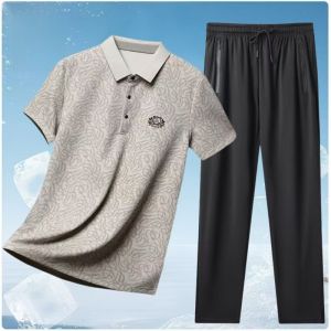 ROMON | Lomond Ice Silk Casual Set Mens Summer Thin Short Sleeve Polo Shirt and Long Pants Two-Piece Set for Middle-Aged and Elderly