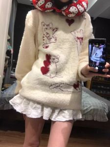 Thick Knitted Christmas Atmosphere Womens Sweater Fufu Lazy Cute Mink Simulation Winter Warm Sweet Cool Top round Neck Long Sleeve