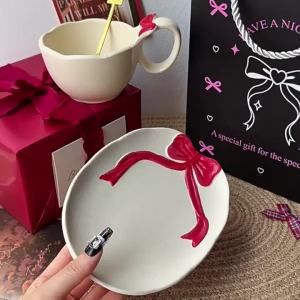 Ribbon Bow Ceramic Mug Set with Spoon