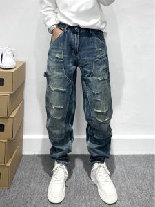 Trendy Retro Heavyweight Ripped Workwear Jeans Mens American High Street Loose Straight Leg Trousers Cone Shape Pants