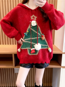 Christmas Knitted Loose Womens Sweater Hat Design Fashionable Lazy Style Bottoming Shirt Korean Style Long Sleeve Cartoon Pattern