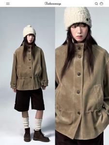 NAPSNAPS | Áo Khoác Corduroy Nếp Vintage Cổ Trung Quốc Mùa Thu và Đông