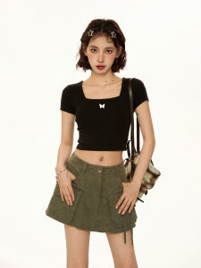 Áo Thun Tay Ngắn Ôm Vừa Vặn Cổ Vuông Màu Đen Phong Cách Mỹ Mùa Hè Cho Nữ Áo Thun Ngắn Cạp Cao Áo Thun Thường Ngày