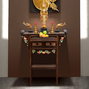 Handmade Solid Wood Buddha Statue Altar Table Decorative Table with 2 Storage Drawers Storage Rack for Living Room Bedroom and Hallway