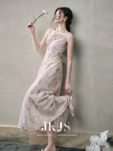 New 2025 Chinese Style V-Neck Vest Dress Womens Summer Luxury Sensation High Waist Long A-Line Printed Gown by JKJS