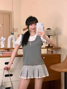 Knitted Short Sleeve T-Shirt with Wood Grain Edge Design Fake Two-Piece Style Korean Commute Cotton Blend Summer Top for Women