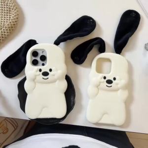 EOENKK | 3D Cute Plush Ear Dog Phone Case For iPhone 17 16 15 14 13 12 Pro Max Plus 17Pro Shockproof Silicone Peace Sign Puppy Back Cover