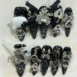 10PCS Jirai Y2K Black Long Tip Handmade Press On Nails Kawaii Cute Glitter Fake Nails 3D Bow Crown Love Planet Diamond Nail Art