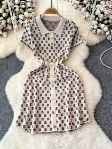 Summer 2025 French Vintage Slim Fit Polo Neck Knitted Dress Womens Small Size High Waist A-Line Skirt Short Sleeve Dress