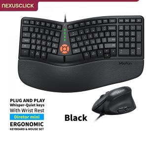 NexusClick Ergonomic Split Keyboard and Mouse SetWired Plug and PlayQuiet KeysLeather Wrist RestAdjustable DPI for PC Office