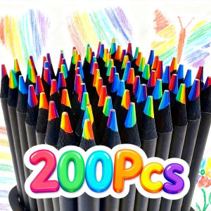 200-2Pcs Rainbow Pencil Colorful Pencil Wood Colorful Black Wood Painting Supplies Christmas Halloween Gift Black Rainbow Pencil