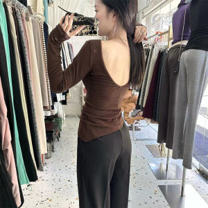 Spring and Autumn Pure Desire Backless Slim Fit Tops Long Sleeves Irregular Design Chic Bottoming Short Base T-Shirt Women