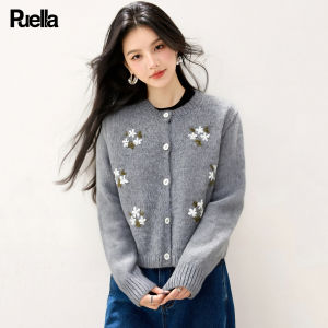 puella | Áo Cardigan Len Thêu Hoa Văn cổ Tròn Mềm Mại Đa Năng
