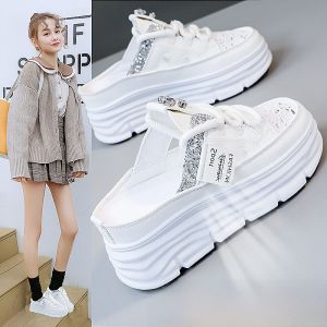 Womens Platform Slip-On Summer Shoes Korean Style Thick Bottom High Heel Net Cloth Upper Cross Strap Color Block Sandals