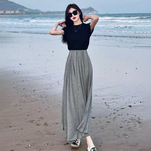 Gray Modal Skirt Womens Summer Thin Fancy Slimming A- line Skirt Pleated Casual Drape Temperament Long Dress