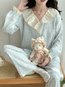 ขอบลูกไม้หวานเจ้าหญิงสไตล์ชุดนอนสตรีชุดฤดูใบไม้ผลิฤดูใบไม้ร่วง 2024 ใหม่แขนยาวสไตล์เกาหลีลายสก๊อต Homewear