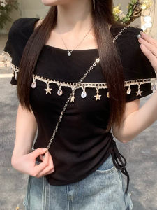 French Tassel Short Sleeve Womens T-Shirt Black Drawstring Slim Fit Short Design Summer Top Cotton Casual Streetwear