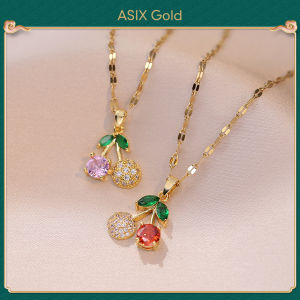 ASIX GOLD 916 Gold 18K Saudi Gold Color Zircon Cherry Pendant Necklace Niche Design New Korean Fashion Clavicle Chain Ladies Lucky Necklace Titanium Steel Necklace Will Not Blacken Wont Peel Off Exquisite gifts