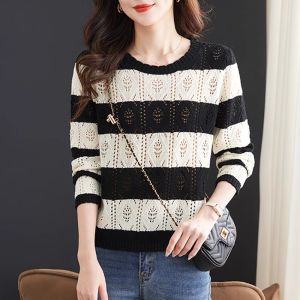 Áo Len Dệt Kim Hở Vai Mỏng Mùa Xuân Cho Nữ Dáng Rộng Cổ Tròn Tay Dài Kẻ Sọc Áo Lót Ngoài Trời Phong Cách Đường Phố