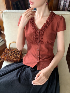 XXNING | Vintage French Style Puff Edge Detail V-Neck Fitted Slimming Blouse
