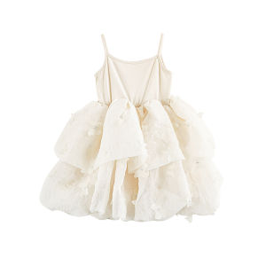 Romantic Butterfly Net Sleeveless Dress for Girls Summer Sweet Cute Double Layer 3D Flower Bud Cotton Blend Casual Skirt