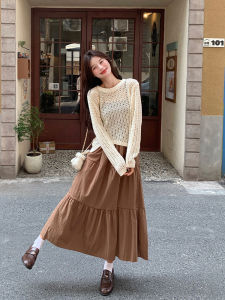ชุดเดรสยาวแขนกุดสีน้ำตาล ชุดกระโปรงยาวสไตล์ฝรั่งเศสสำหรับผู้หญิง ชุดกระโปรงยาวฤดูใบไม้ร่วง ชุดกระโปรงยาวทรงเอ