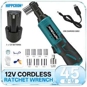 HIPPCRON Cordless Electric Ratchet Wrench Power Copper Motor 600RPM 45NM 3/8" Ratchet Tool Kit Nut Tool Auto Repair DIY 1300mAh