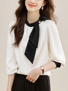 French Gentle Collar Butterfly Knot Shirt Womens Fashion Autumn New Color Block Silk Design Sense Satin Top Womens Clothing