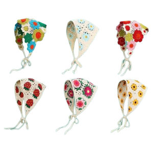 Korean Style Hand Knitted Hairband Scarf Artistic Hook Flower Triangle Scarf Sweet Cute Bowknot Headwear for Women Girls