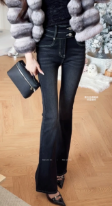 High Waist Slim Fit Bell Bottom Denim Jeans Womens Korean Style Double Button Elastic Long Street Fashion Pants