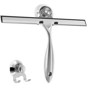 Household Shower Squeegee Glass Wiper Stainless Steel Window Scraper Cleaner with Self Adhesive Hook and Replaceable Wiper Blade
