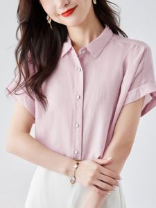 เสื้อเชิ้ตผู้หญิงแขนสั้นคอปกพับทรงหลวมสไตล์ลำลองผ้าฝ้ายลินินฤดูร้อนใหม่ เสื้อเชิ้ตสีพื้นที่ลดอายุและสวยงาม