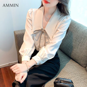 Ammin thời trang Hàn Quốc nơ cổ thanh lịch Trắng Voan cổ áo nhọn Lớn Áo Sơ Mi Cho Phụ Nữ 2023 Mùa Thu Thiết Kế Ý Hứng Thích Hứng Cổ Điển Phụ Nữ Áo Khoác Giản Dị đi lại áo tay dài