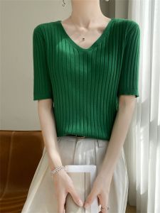 Shepherd Sheep Knitted Short Sleeve T-shirt for Women Unique Slimming Design Summer Thin Style Pullover Sweater