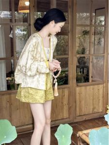 New Chinese Style Short Pants Set Womens Spring Summer Small Size High End Personality Button Cardigan Coat Pants Two Piece Set
