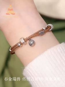 Feng Shui Handmade Woven Gold Swallowing Wealth Bracelet Lucky S925 Silver Koi String
