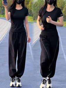 Shalldoer | Summer Outfit Womens Slim Fit Short Sleeve T-Shirt Casual Pants Two-Piece Set Simple Solid Color 2025 New Style Plus Size