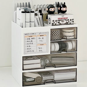 Desktop Organizer Box Drawer Style Office Desk Stationery Notebook Storage Box Rectangular Shape Two Layers Plastic Material