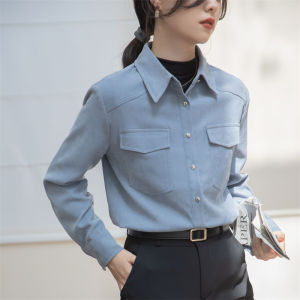เสื้อเชิ้ตผู้หญิงแขนยาวสีน้ำเงิน ทรงหลวม ทรงย้อนยุค ขนาดเล็ก เสื้อชั้นใน ชั้นใน ชุดทำงาน เสื้อคลุมกันหนาว