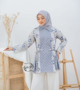 Atasan Wanita Blouse Batik Modern Warna Soft Tali Samping Resleting Depan Katun M L XL XXL