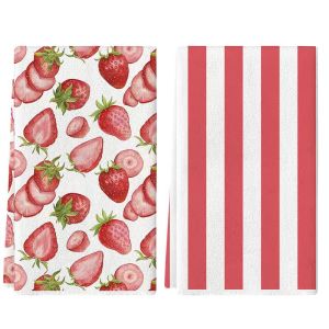 2Pcs Red and White Striped Strawberry Kitchen Towels 40Cm*60Cm Towel Set Super Absorbent Soft Cleaning Cloth Cooking and Baking Tea Towel Hand Towel Cleaning Cloth Dishcloth Kitchen Decoration Living Room Decoration Kitchen Essentials Home E...