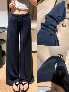 Low Waist High Waist Draped Loose Fit Straight Leg Sports Pants Womens Dark Blue Casual Trousers Autumn 2025 New Style