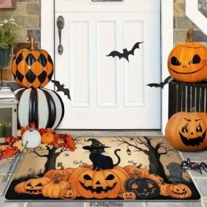 Thảm Cửa Hình Mèo Đen & Bí Ngô Ma Quái Halloween Thảm Trong Nhà Chống Trơn Thảm Chào Mừng Thẩm Mỹ Ma Quái Để Trang Trí Nhà Cửa